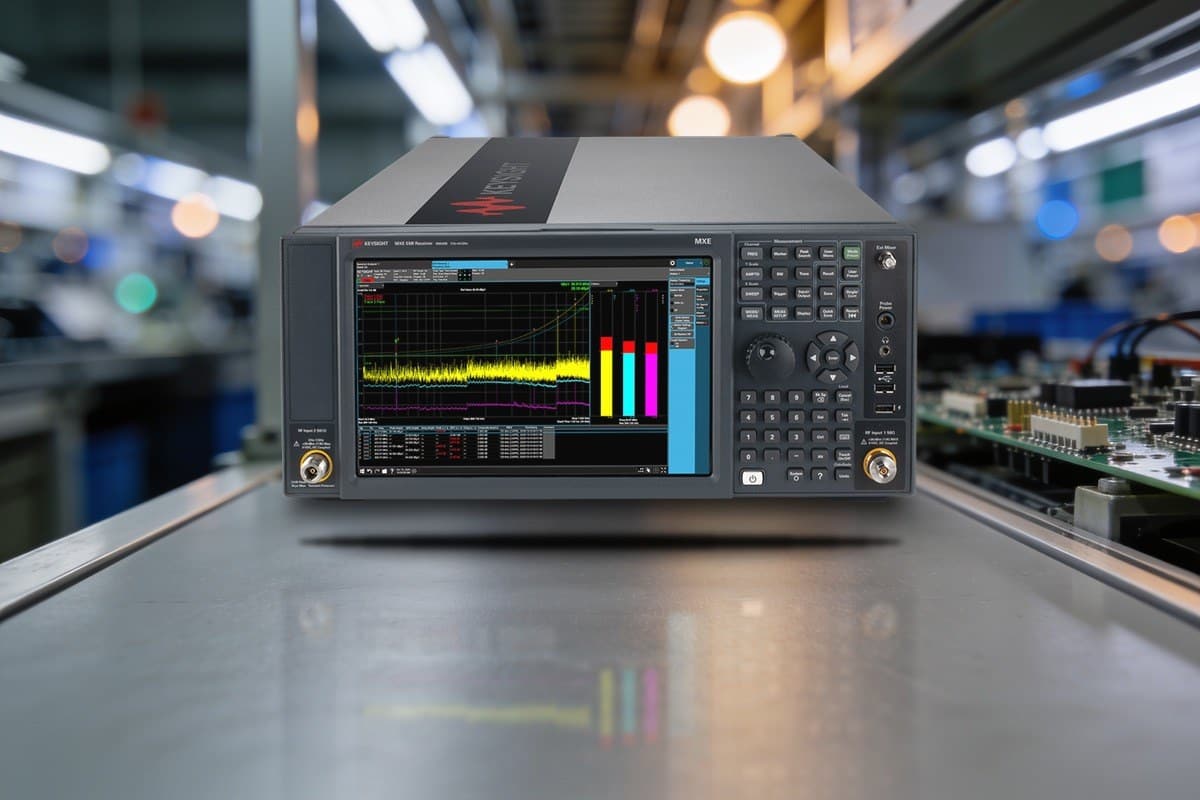 Máy thu đo EMI Keysight N9038B tại bàn kiểm tra trong nhà máy điện tử