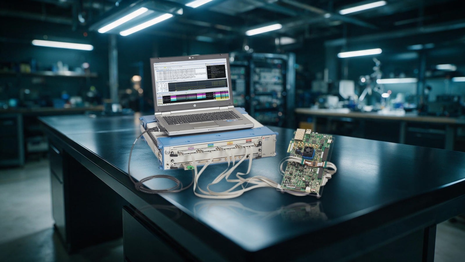 Mô-đun máy phân tích logic Keysight U4164A trong khung AXIe kết nối với bo mạch thử nghiệm trên bàn R&D