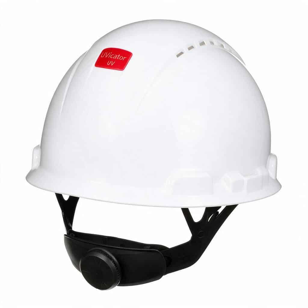 Cận cảnh cảm biến UV Uvicator và núm vặn hệ treo mũ 3M SecureFit H-701