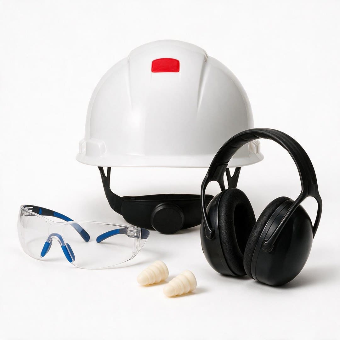 Mũ bảo hộ, kính an toàn, chụp tai chống ồn và nút tai foam của 3M