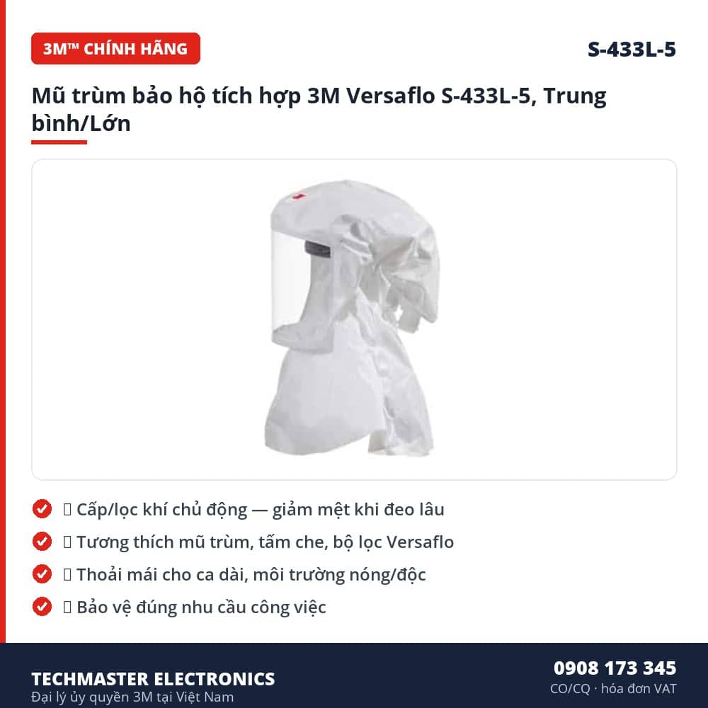 Mũ trùm bảo hộ tích hợp 3M Versaflo S-433L-5, Trung bình/Lớn – đặc điểm & thông số chính