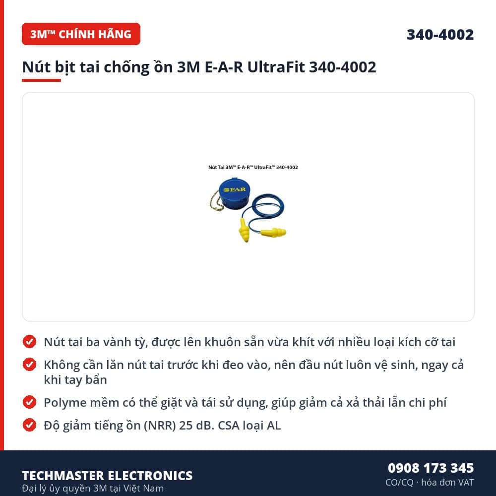 Nút bịt tai chống ồn 3M E-A-R UltraFit 340-4002 – đặc điểm & thông số chính