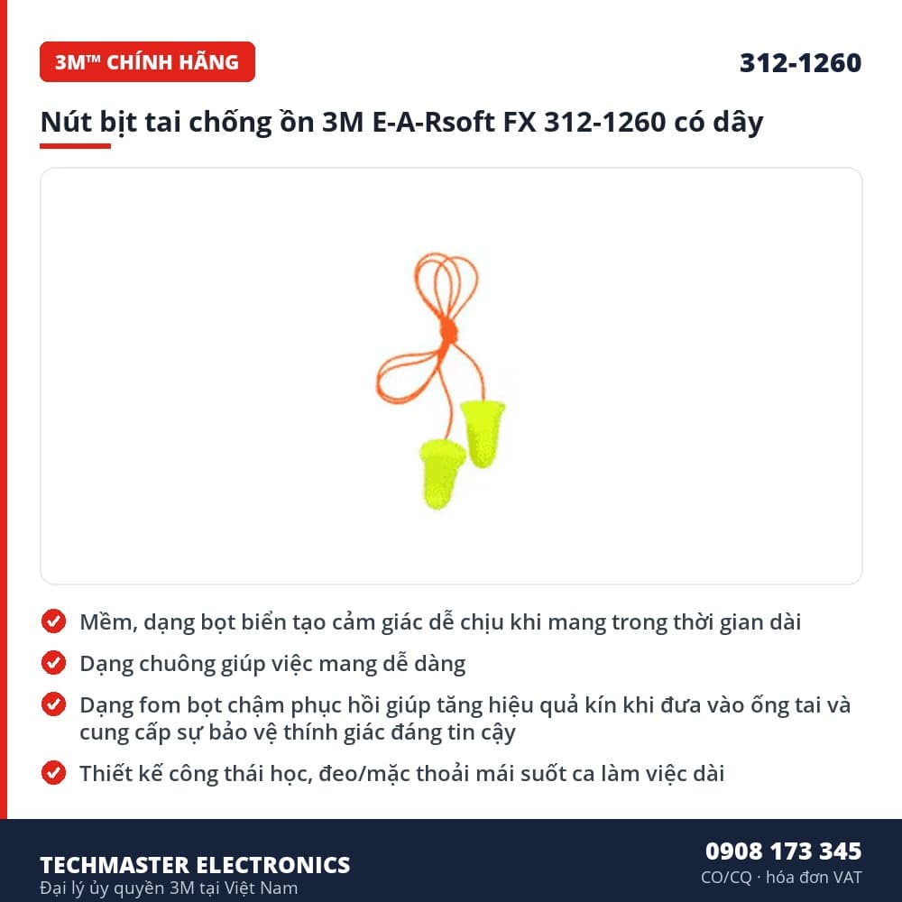 Nút bịt tai chống ồn 3M E-A-Rsoft FX 312-1260 có dây – đặc điểm & thông số chính