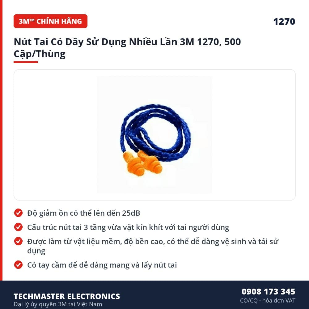 Nút Tai Có Dây Sử Dụng Nhiều Lần 3M 1270, 500 Cặp/Thùng – đặc điểm & thông số chính