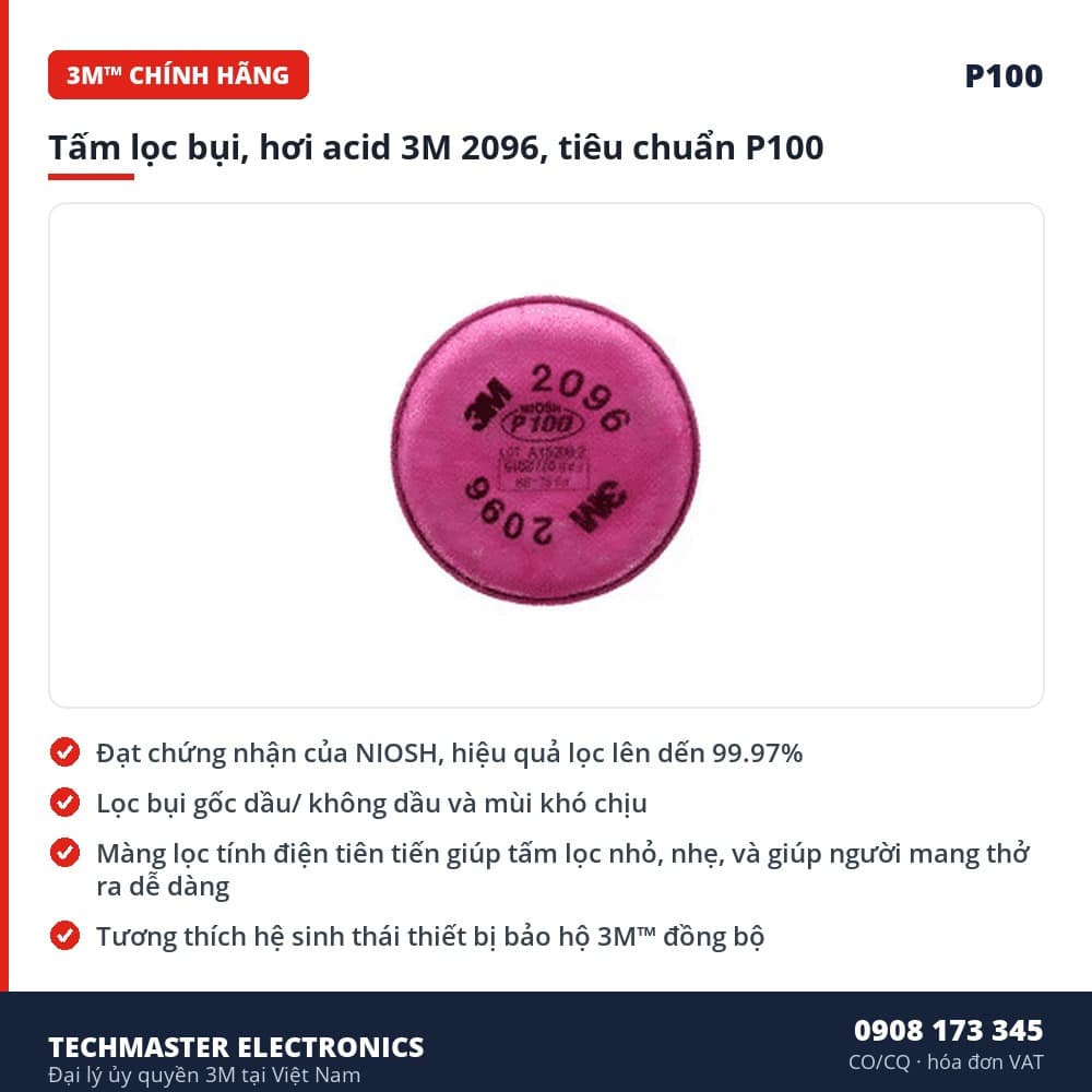Tấm lọc bụi, hơi acid 3M 2096, tiêu chuẩn P100 – đặc điểm & thông số chính