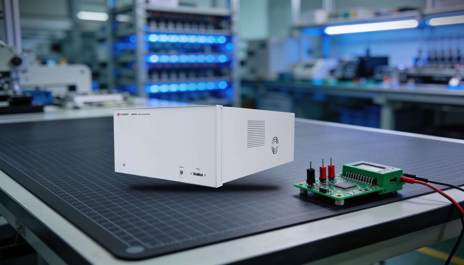 Trạm kiểm tra ICT cỡ nhỏ Keysight i1000 U9403A trên dây chuyền SMT với bo mạch DUT và que đo
