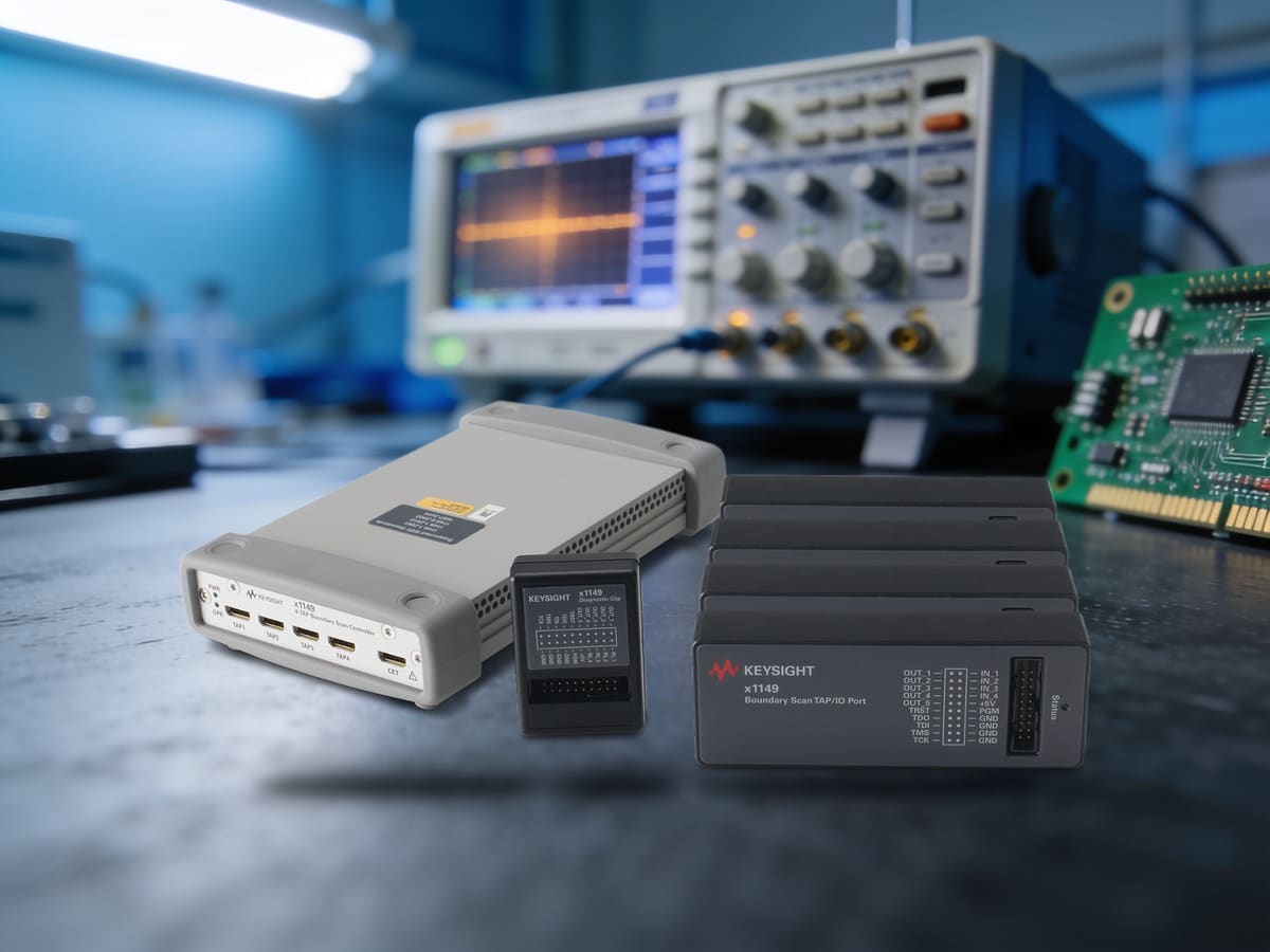 Bộ kit đầy đủ Keysight x1149 boundary scan gồm bộ điều khiển N1125A, diagnostic clip và cổng TAP IO trên bàn lab