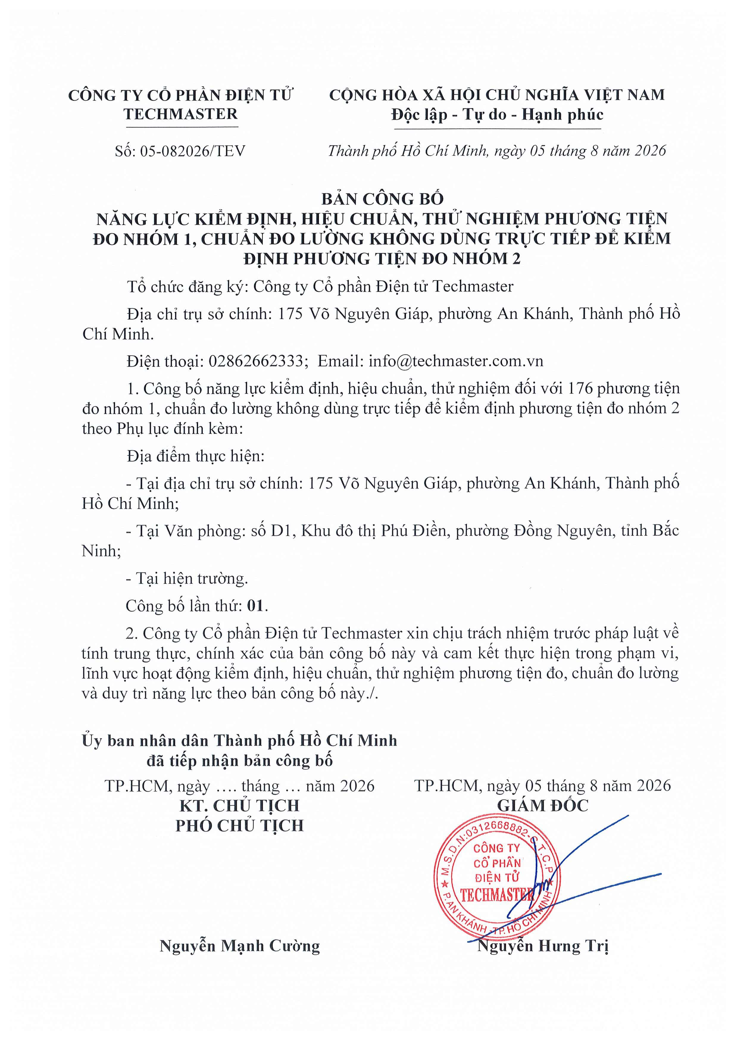 Bản công bố năng lực kiểm định, hiệu chuẩn, thử nghiệm phương tiện đo nhóm 1 (2026)