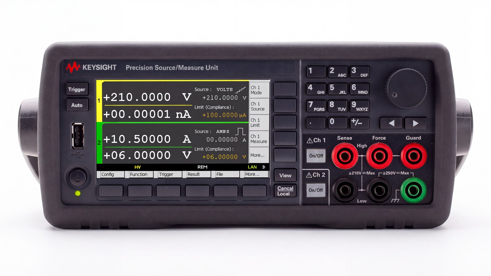 Mặt trước Keysight B2902B với các cực Sense, Force và Guard cho cấu hình bốn dây Kelvin