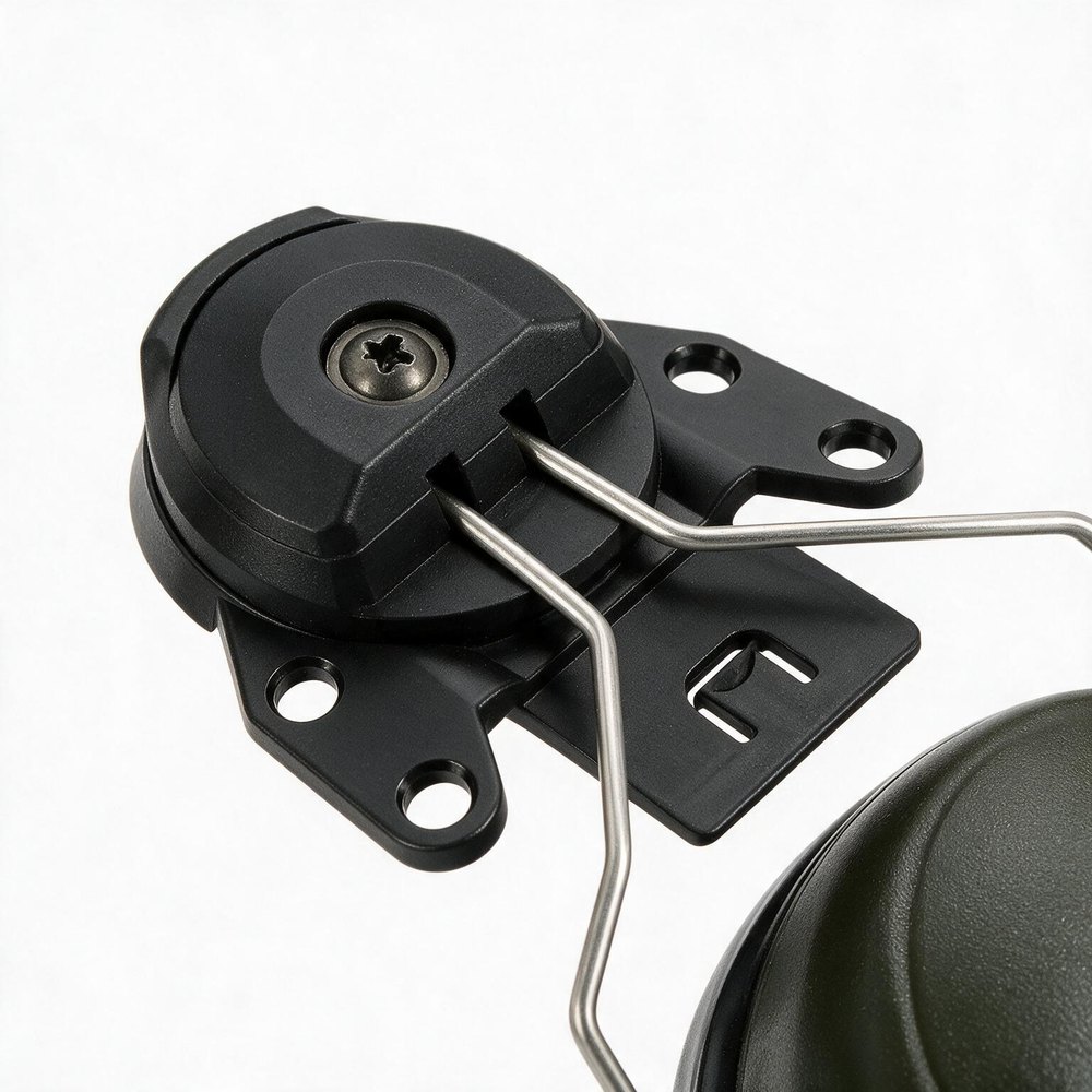 Cận cảnh adapter gắn mũ cứng và càng thép không gỉ của chụp tai 3M Peltor