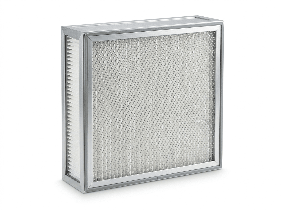 Module lọc HEPA phòng sạch chụp studio nền trắng ở góc ba phần tư, thấy rõ lớp vật liệu lọc sợi thuỷ tinh gấp nếp sau khung nhôm và lớp gioăng dọc mép khung