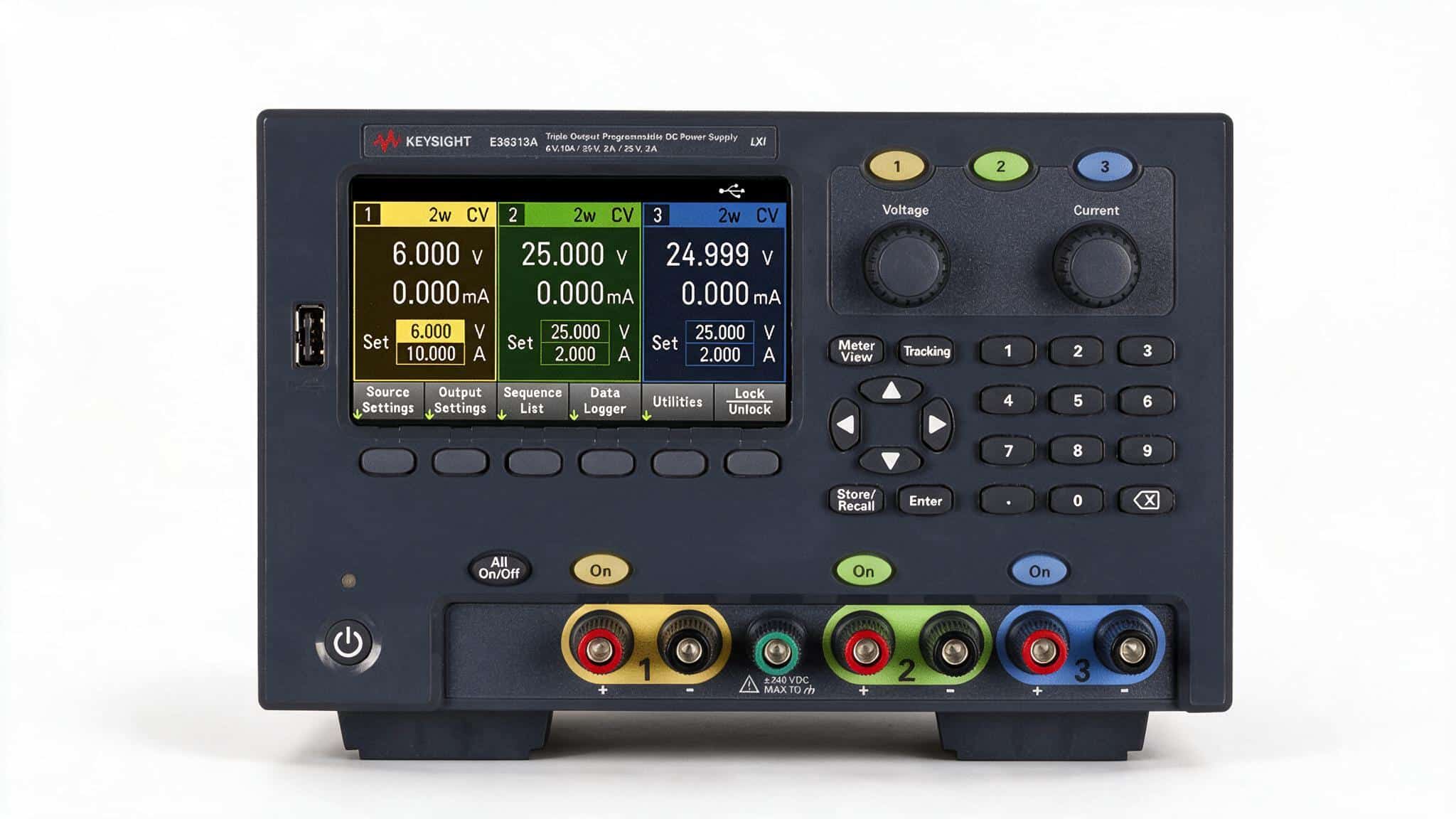 Bộ nguồn DC 3 ngõ ra Keysight E36313A chính diện ảnh studio nền trắng
