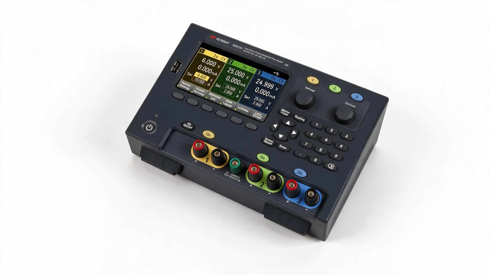 Keysight E36313A cụm cọc đấu ba kênh nhìn từ trên cao ảnh studio nền trắng