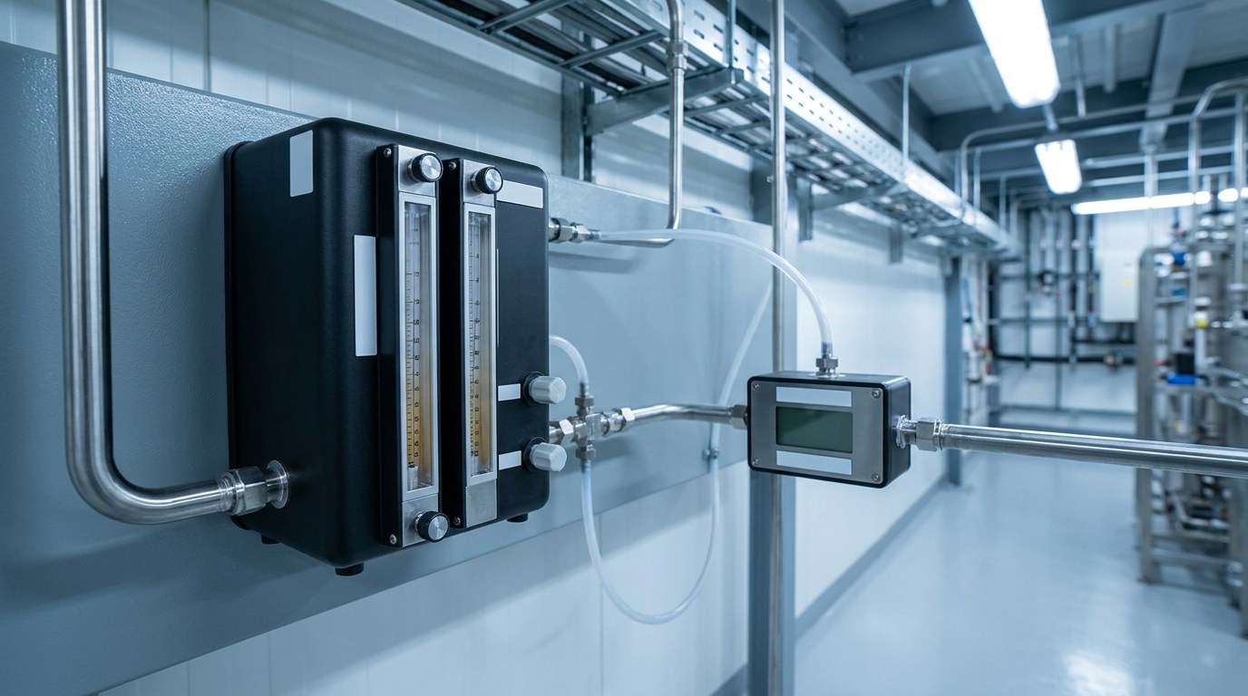 Cụm lấy mẫu nước siêu tinh khiết gắn tường trong khu kỹ thuật nhà máy: bộ điều khiển lưu lượng có hai ống đo gắn trên vỏ đen, nối bằng ống thép không gỉ và ống PFA tới một máy đếm hạt dạng hộp