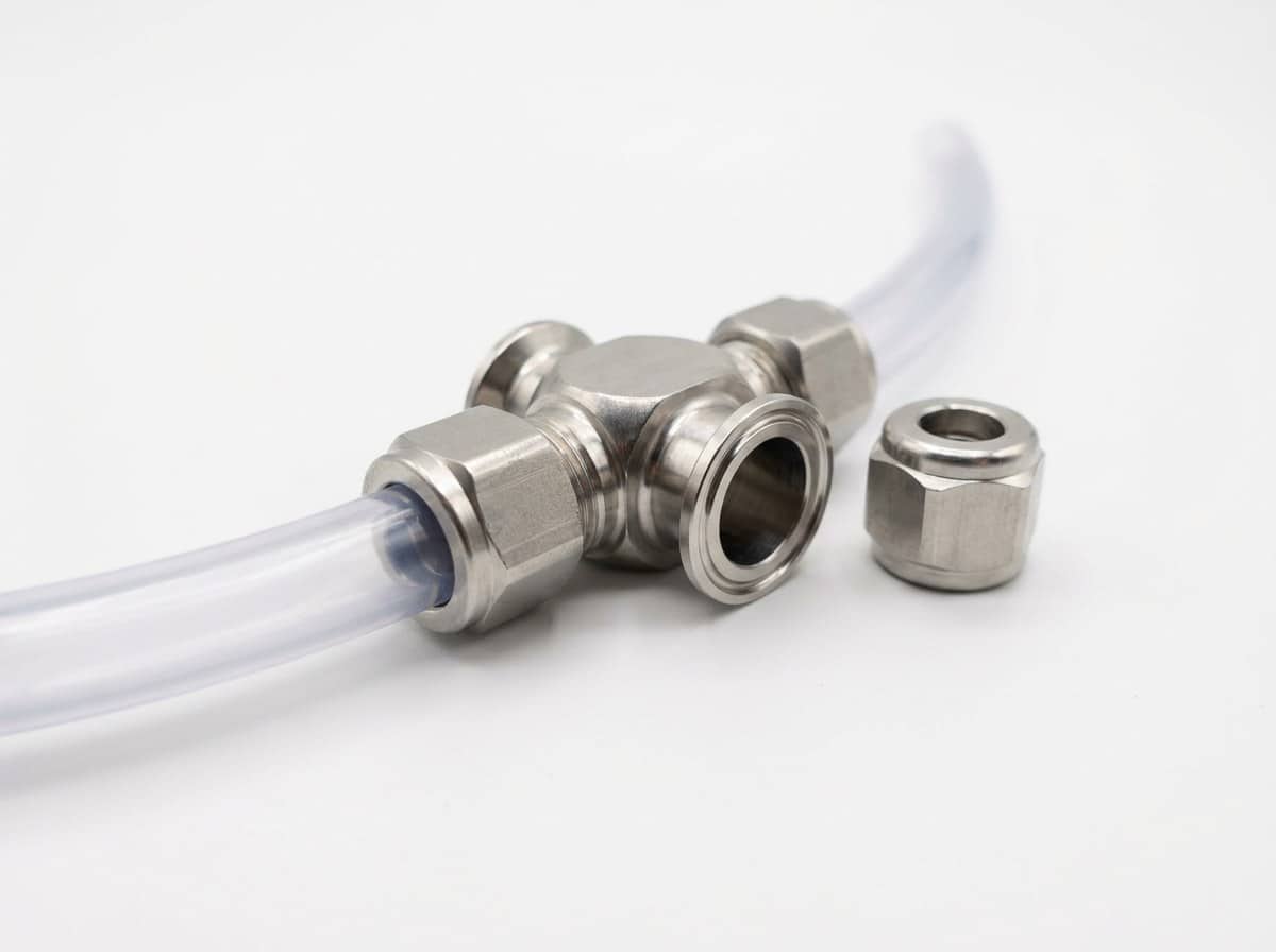 Ảnh macro nền trắng cụm phụ kiện đường ống độ sạch cao: ống PFA trong suốt nối qua đầu nối nén thép không gỉ, một khớp tri-clamp và một đai ốc PFA rời