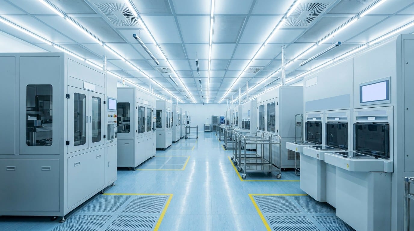 Nội thất phòng sạch đóng gói và kiểm định bán dẫn nhìn dọc lối đi: hai hàng máy đóng gói vỏ trắng xám, vạch vàng trên sàn epoxy, sàn nâng đục lỗ và trần lọc HEPA chiếu sáng đều