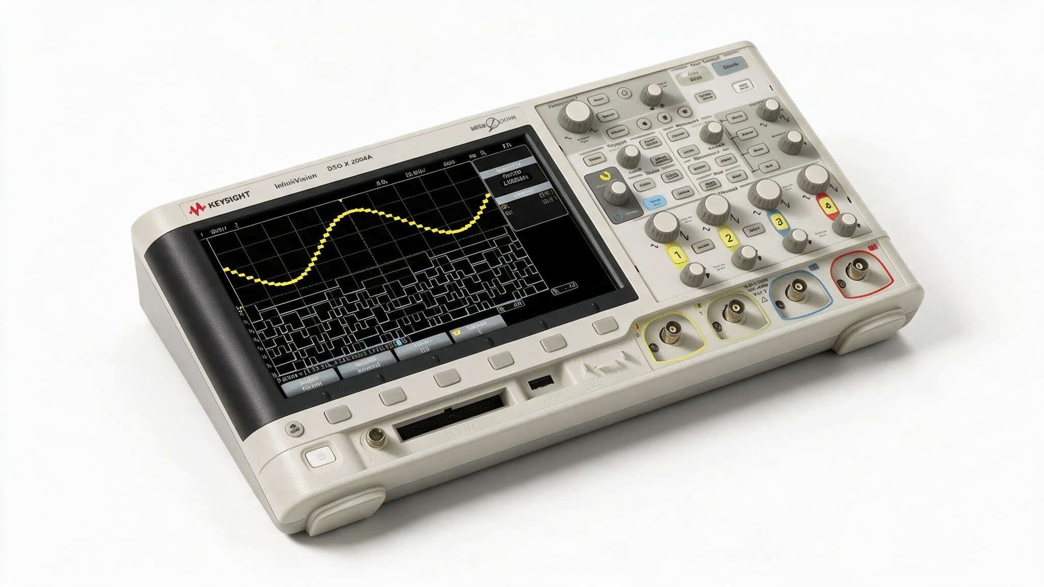 Keysight DSOX2004A cụm 4 cổng vào BNC và bàn phím điều khiển nhìn từ trên cao ảnh studio