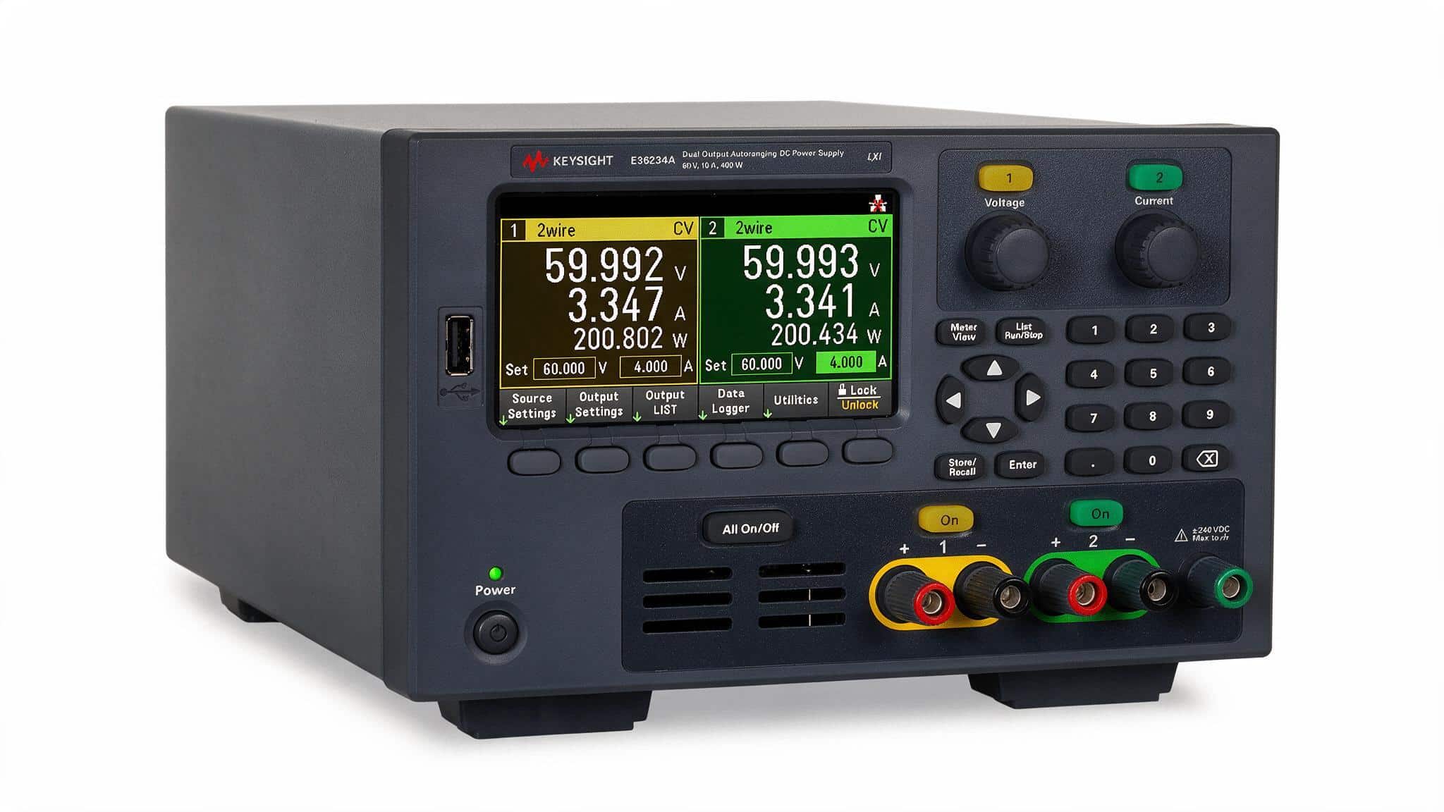 Bộ nguồn DC Keysight E36234A hai ngõ ra 60 V 10 A góc nghiêng ba phần tư ảnh studio nền trắng
