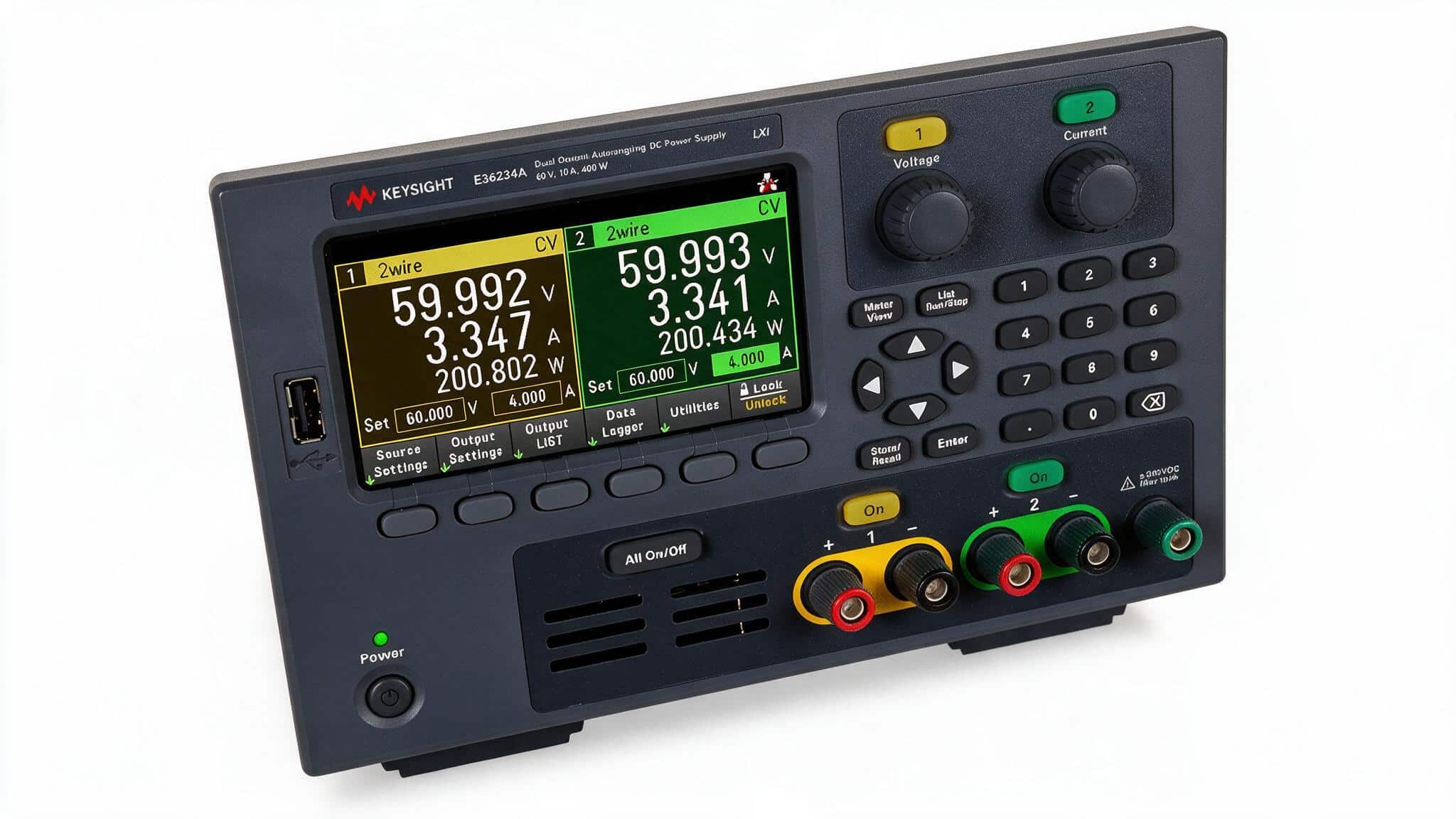 Keysight E36234A cụm cọc đấu hai kênh và cọc đất nhìn từ trên cao ảnh studio nền trắng