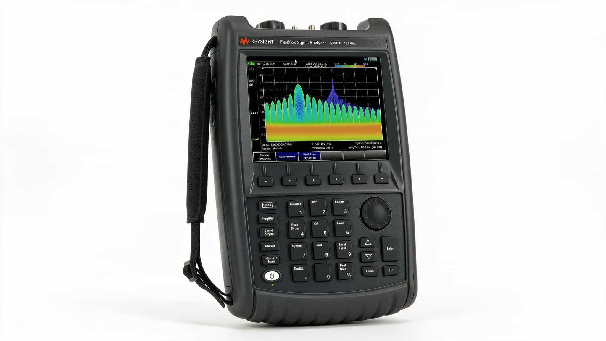 Máy phân tích vi sóng cầm tay FieldFox Keysight N9918B 26.5 GHz góc nghiêng ảnh studio nền trắng