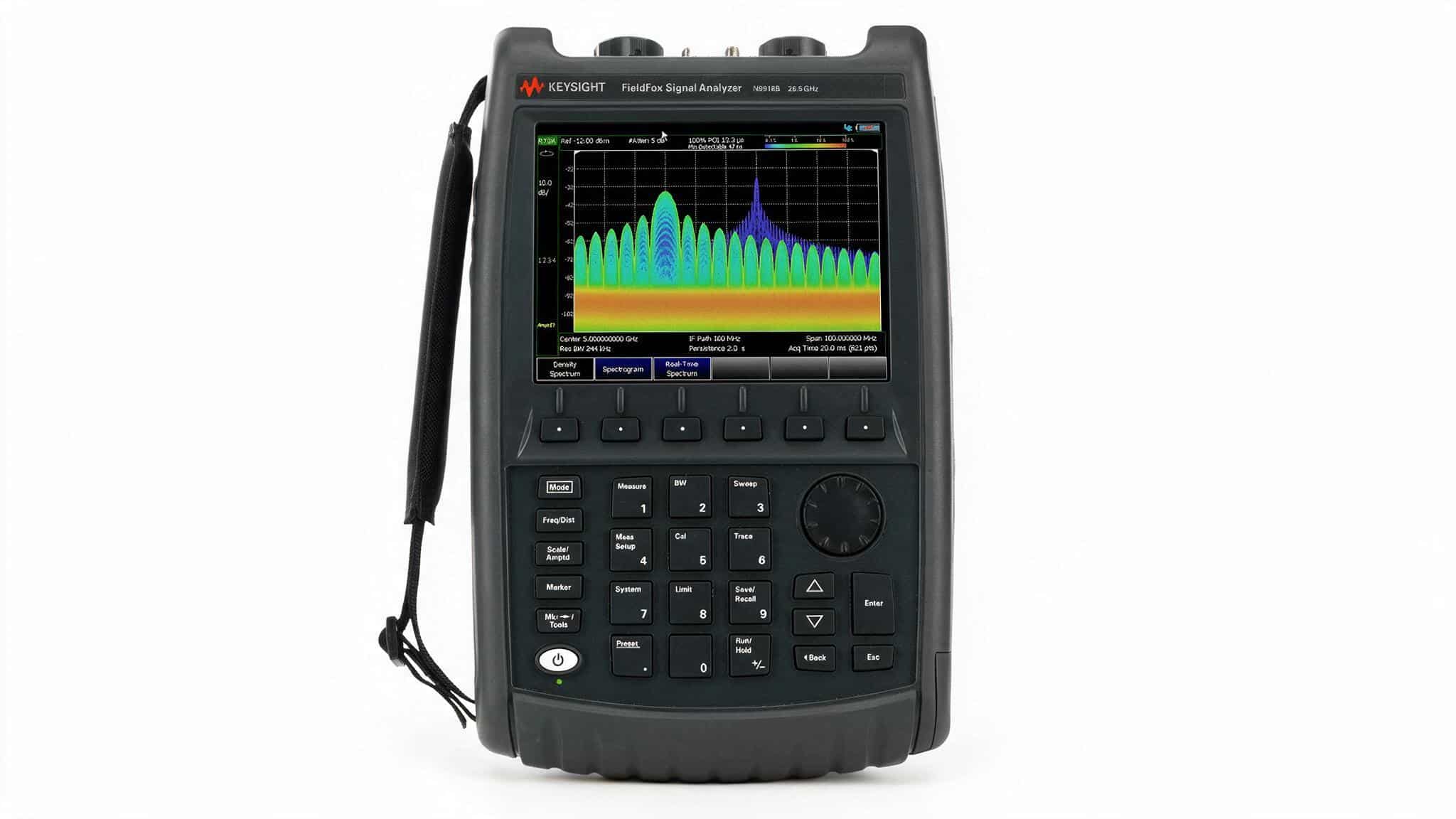 Keysight N9918B FieldFox mặt máy bàn phím và núm điều hướng nhìn từ trên cao ảnh studio nền trắng