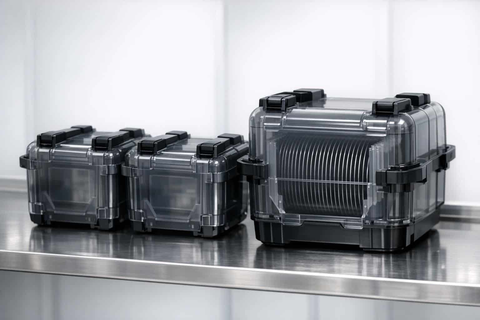 Hai hộp đựng mặt nạ quang và một hộp đựng wafer bằng nhựa trong khói xám đặt trên kệ thép không gỉ trong phòng sạch bán dẫn, vách phòng sạch xám nhạt mờ phía sau