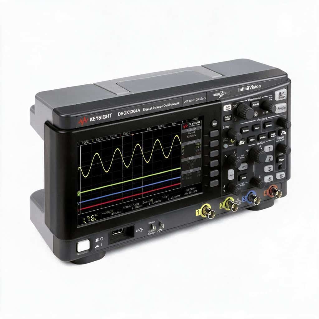 Keysight DSOX1204A cụm bốn cổng vào BNC và bàn phím điều khiển nhìn từ trên cao ảnh studio