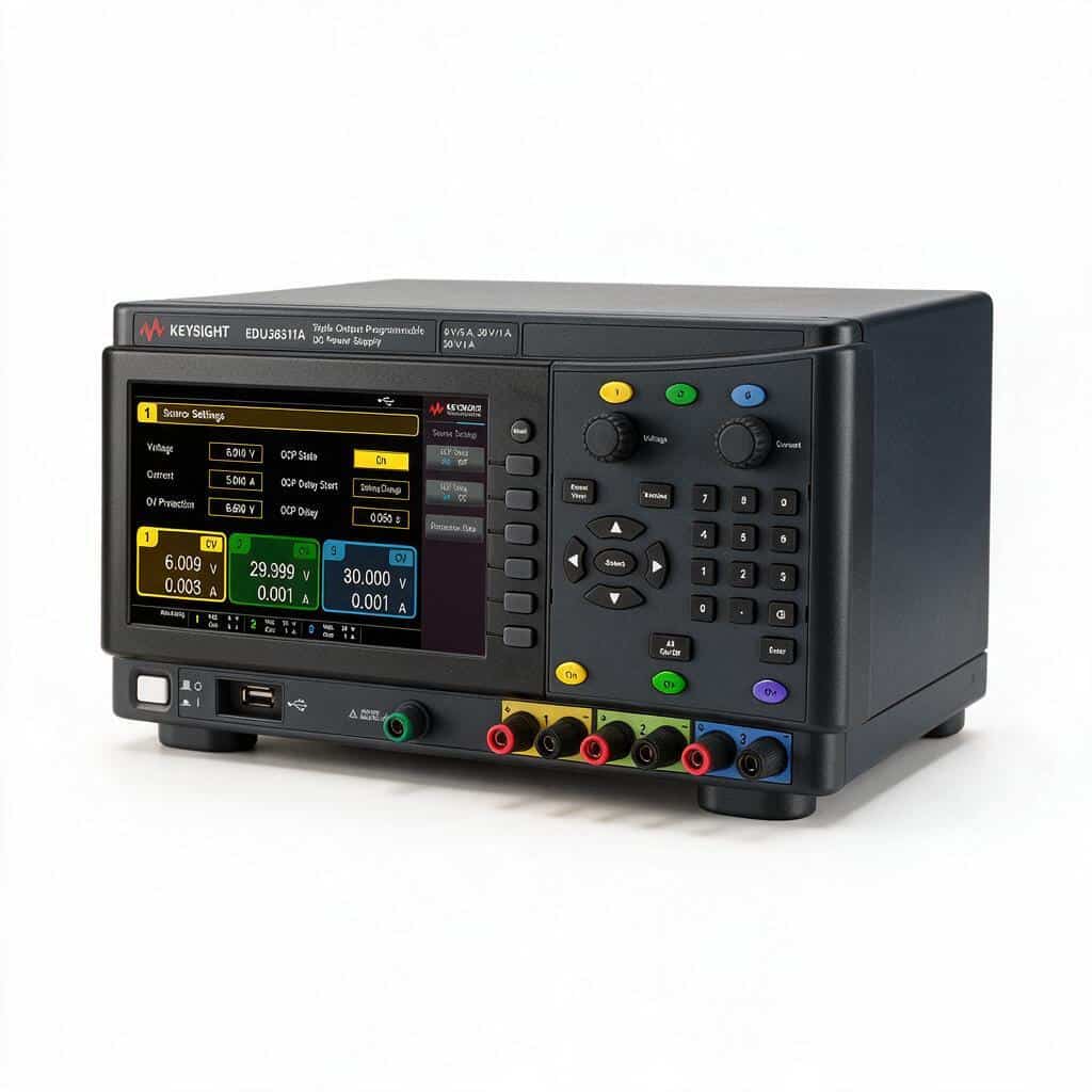 Bộ nguồn DC 3 ngõ ra Keysight EDU36311A 6V 5A 30V 1A góc nghiêng ba phần tư ảnh studio nền trắng