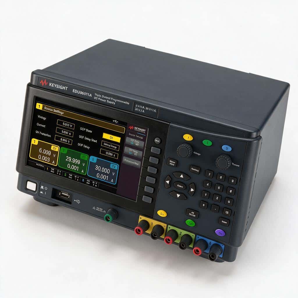 Keysight EDU36311A cụm cọc đấu ba kênh và cọc đất nhìn từ trên cao ảnh studio nền trắng