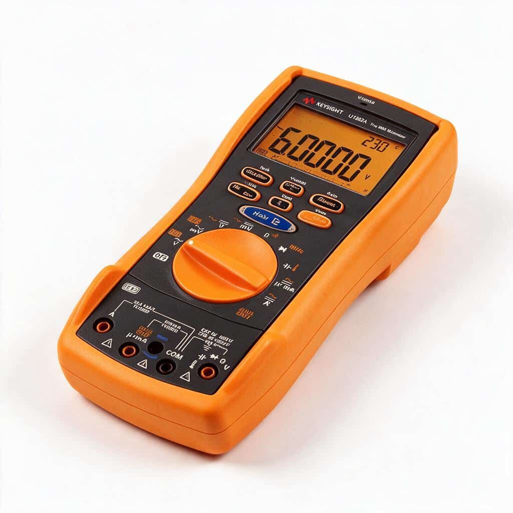 Keysight U1282A núm xoay chọn chức năng và bốn cổng cắm que đo nhìn từ trên cao ảnh studio