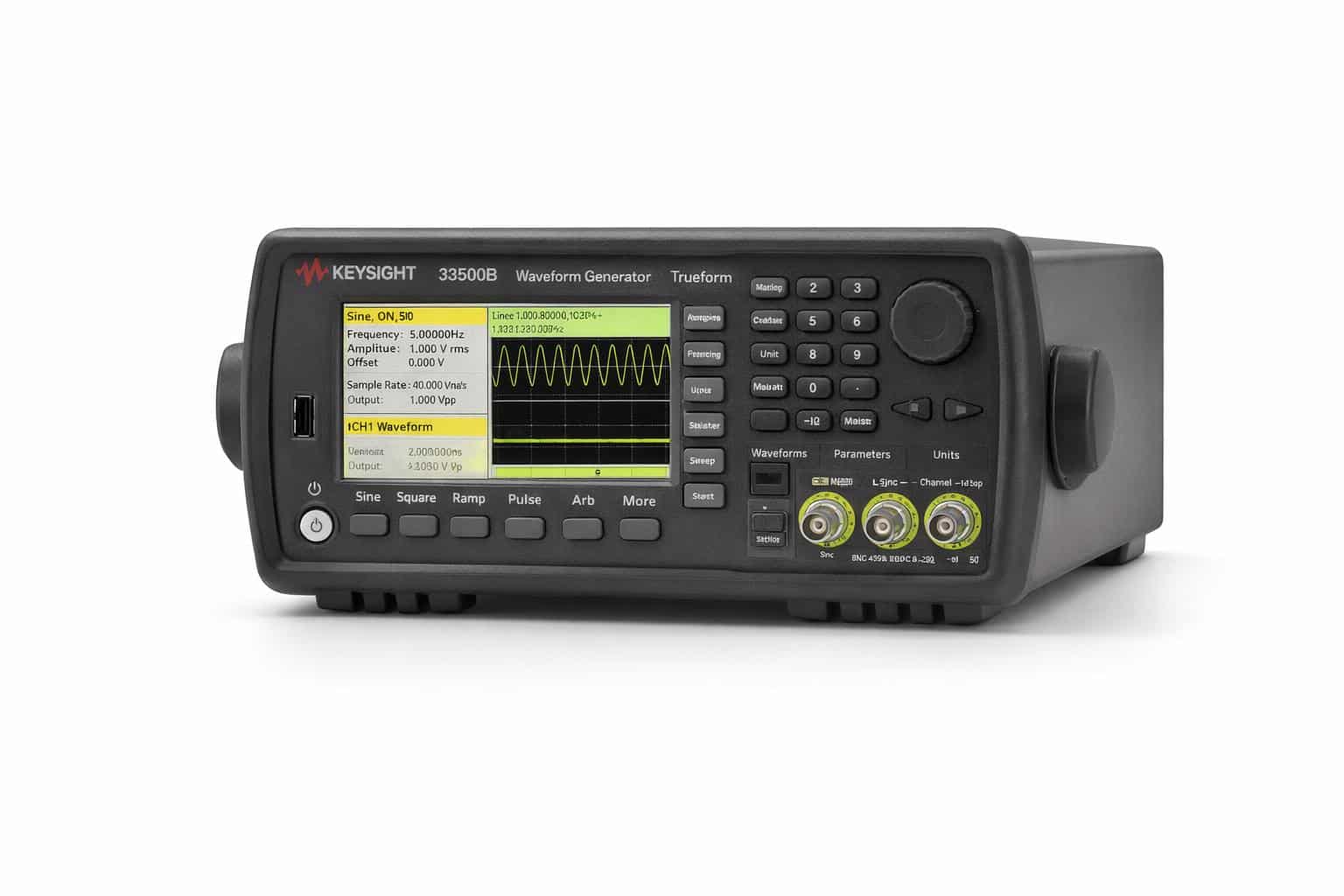 Máy phát sóng hàm Trueform Keysight dòng 33500B góc nghiêng ảnh studio nền trắng