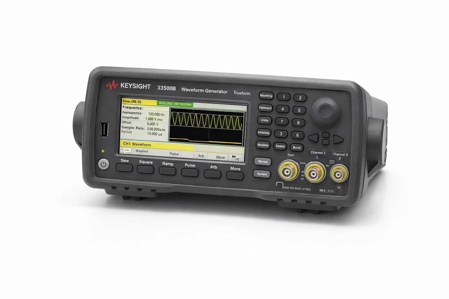 Mặt máy phát sóng hàm Keysight 33500B Trueform nhìn từ trên cao ảnh studio nền trắng