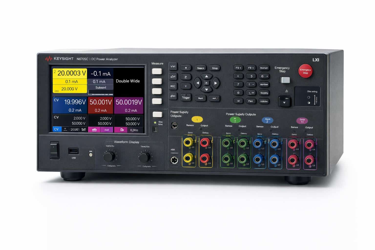 Mặt máy phân tích nguồn DC Keysight N6705C nhìn từ trên cao với màn hình đo bốn kênh ảnh studio nền trắng