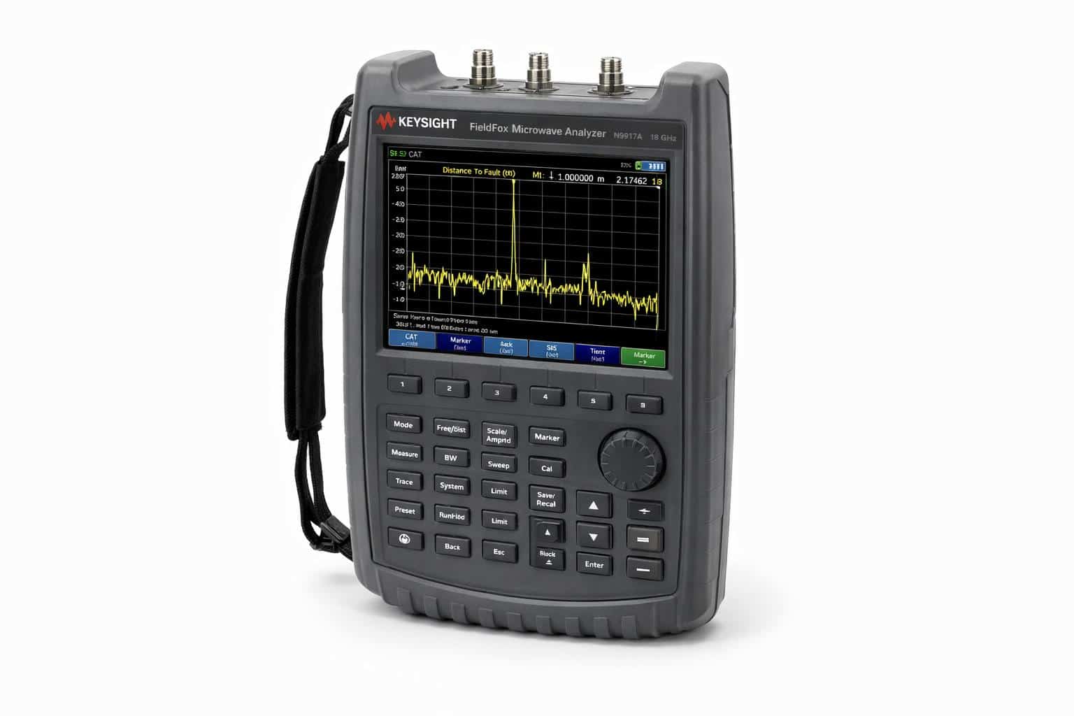 Bàn phím và núm điều hướng máy phân tích cầm tay Keysight N9917A nhìn từ trên cao ảnh studio nền trắng