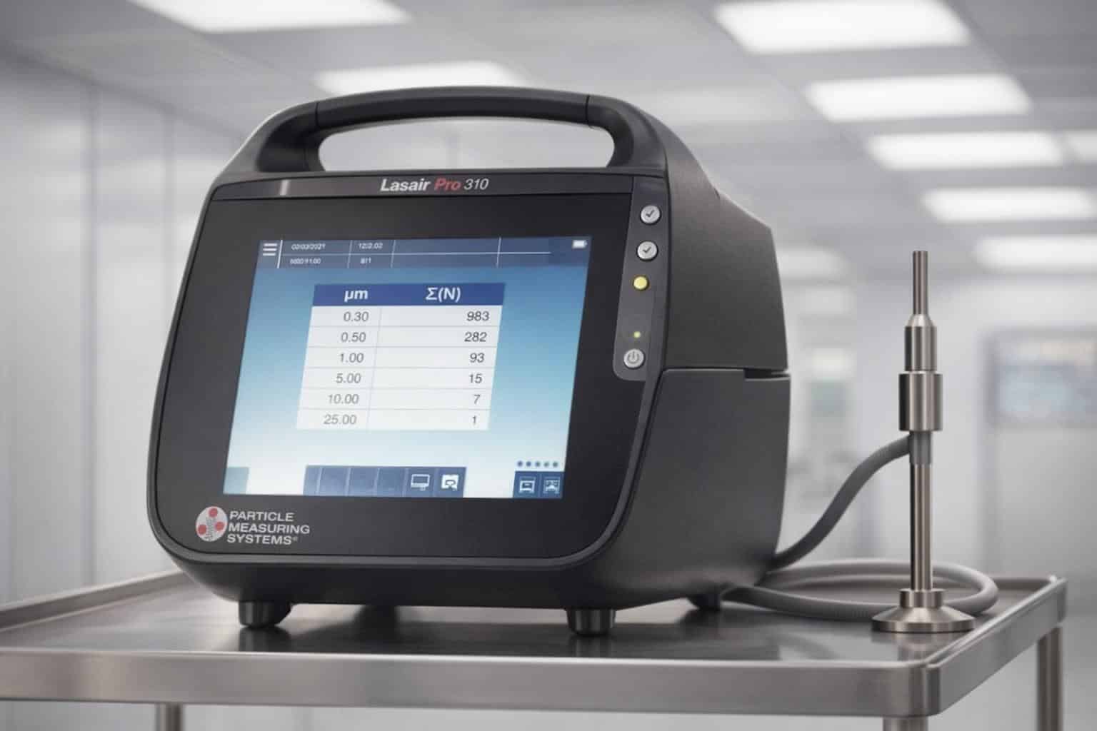 Máy đếm hạt tiểu phân cầm tay đặt trên xe đẩy thép không gỉ trong phòng sạch điện tử đang vận hành, đầu dò lấy mẫu đẳng động học trên chân đế nhỏ bên cạnh nối bằng ống mềm, trần lọc HEPA đồng đều phía sau