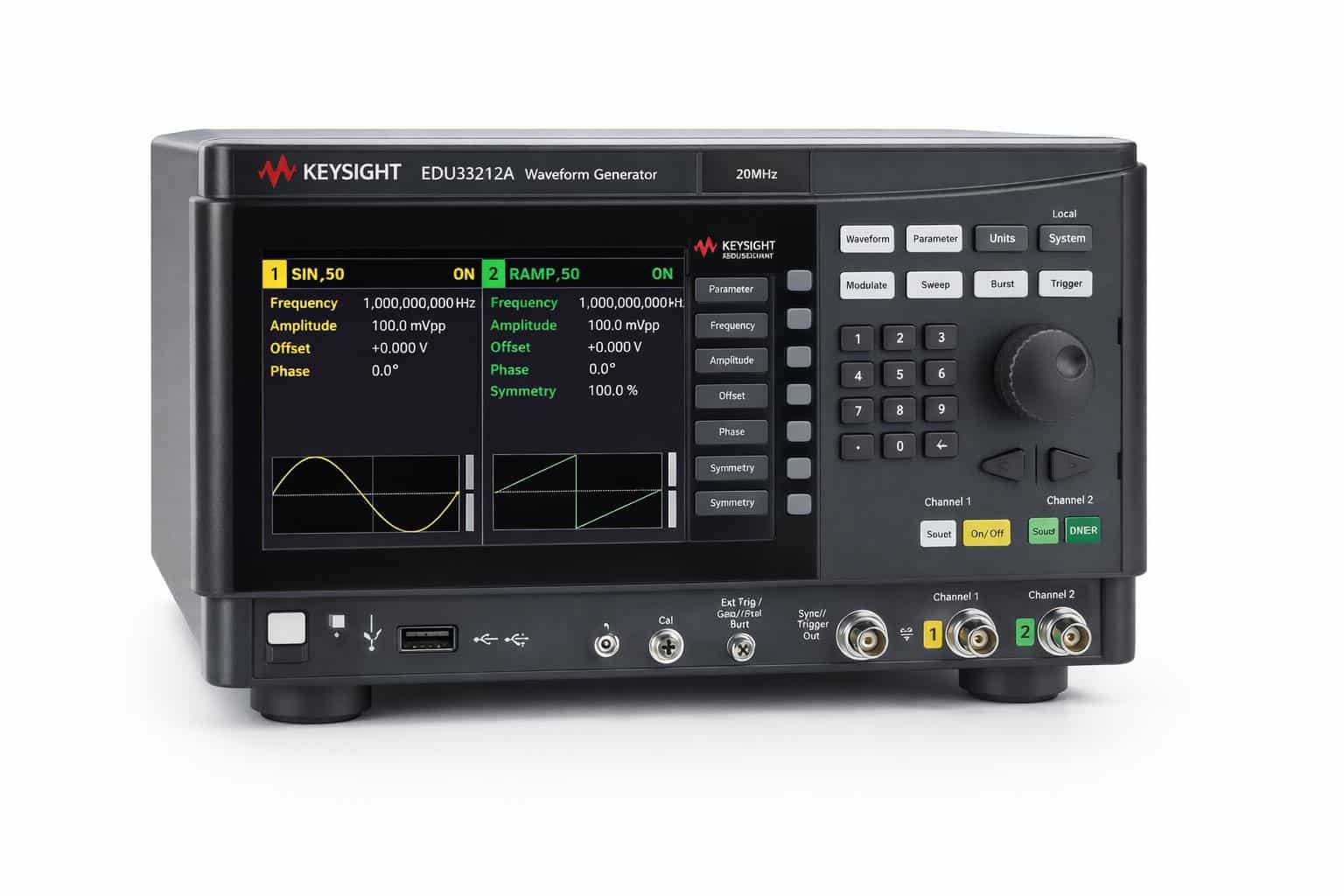Máy phát sóng hàm Smart Bench Essentials Keysight EDU33212A hai kênh góc nghiêng ảnh studio nền trắng