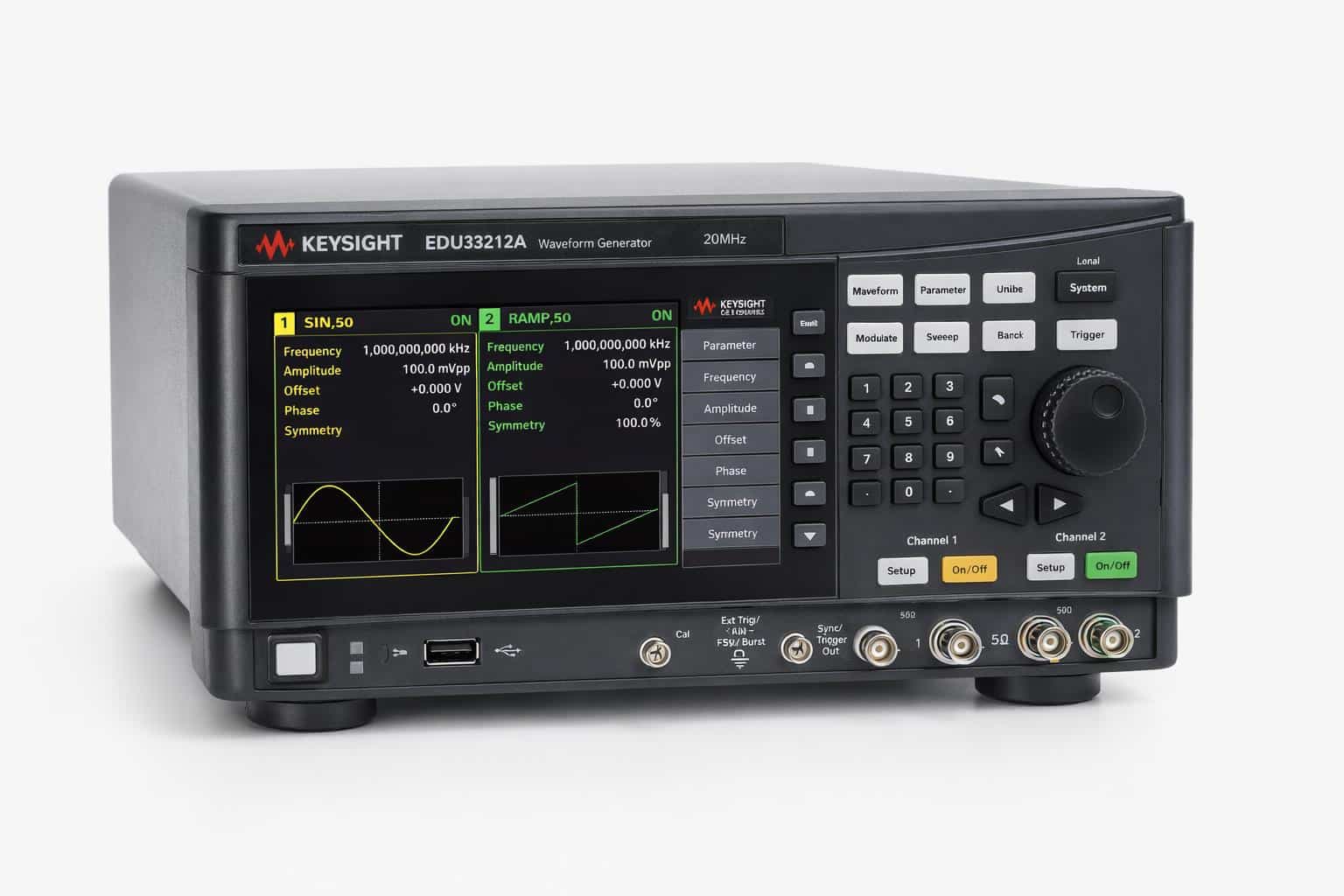 Màn hình màu 7 inch hiển thị tham số hai kênh của máy phát sóng tuỳ ý 20 MHz Keysight EDU33212A nhìn từ trên cao