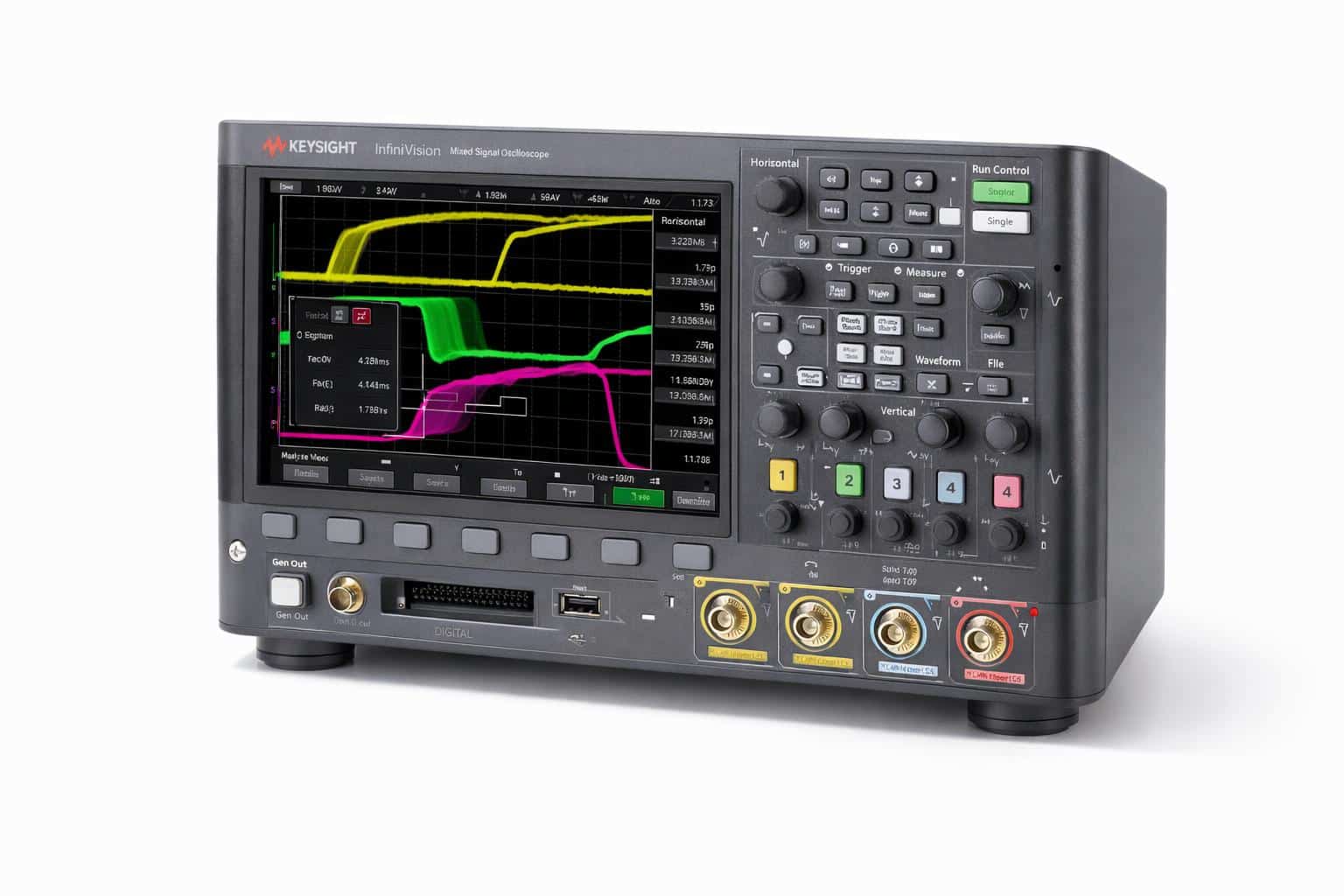 Mặt máy hiện sóng Keysight MSOX3054G với màn hình cảm ứng 8,5 inch nhìn từ trên cao ảnh studio nền trắng