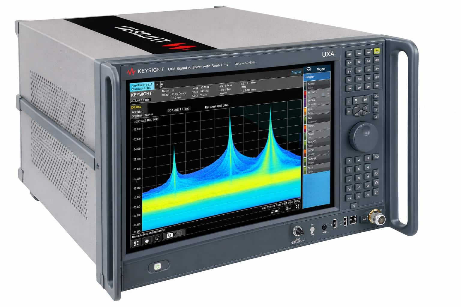 Màn hình phổ thời gian thực trên máy phân tích tín hiệu Keysight N9040B UXA nhìn từ trên cao ảnh studio nền trắng