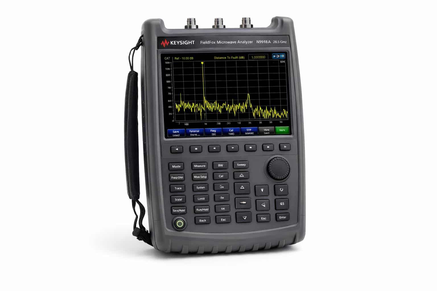 Bàn phím và màn hình đo DTF của máy phân tích phổ cầm tay Keysight N9918A nhìn từ trên cao ảnh studio nền trắng