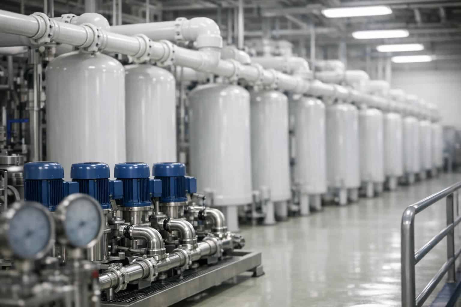 Phòng máy hệ nước siêu tinh khiết: hai hàng bình áp lực hình trụ màu trắng đứng trên nền epoxy, ống fluoropolymer trắng chạy giữa và phía trên, cụm bơm thép không gỉ với vỏ động cơ xanh ở tiền cảnh và lan can thép sơn