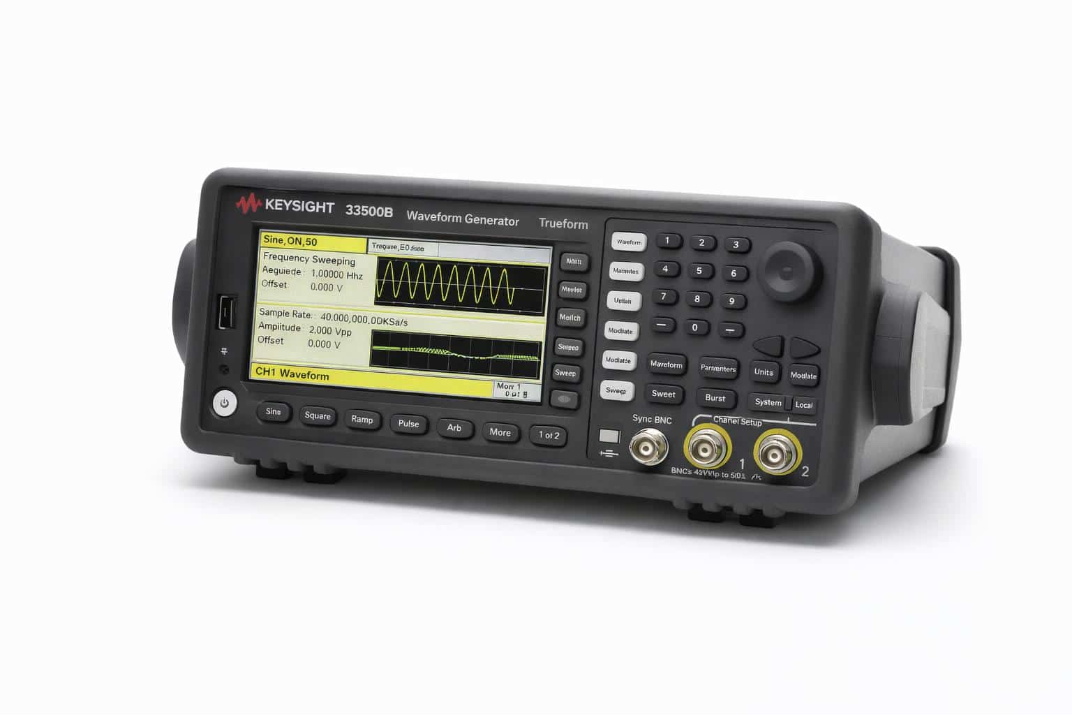 Màn hình máy phát tín hiệu Trueform Keysight hiển thị tham số sóng sin và sóng tuỳ ý nhìn từ trên cao