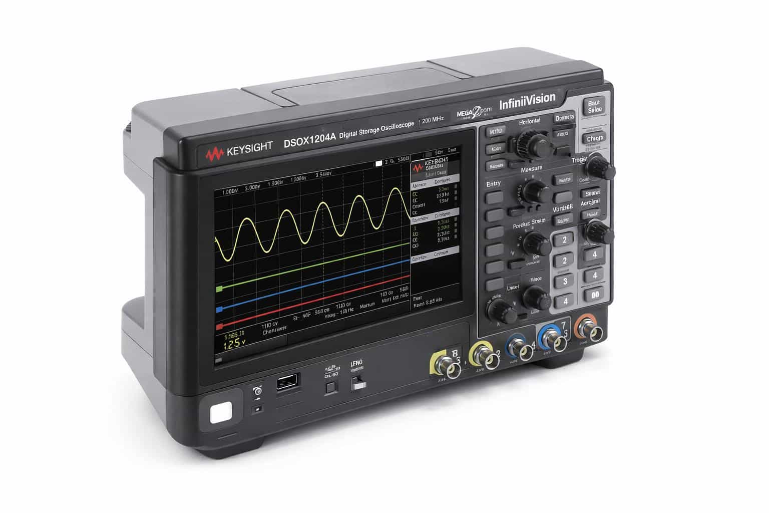 Mặt máy hiện sóng Keysight DSOX1204A với bốn kênh và phím Wave Gen nhìn từ trên cao ảnh studio nền trắng