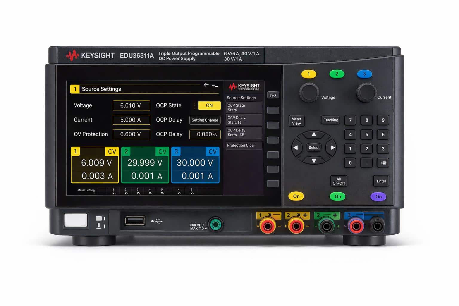 Bộ nguồn DC 3 ngõ ra Keysight EDU36311A 90 W Smart Bench Essentials chính diện ảnh studio nền trắng