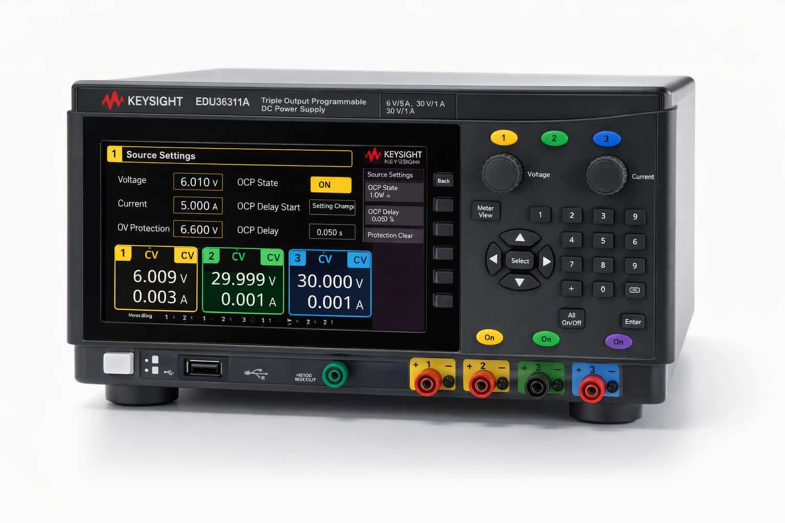 Màn hình 7 inch hiển thị ba ngõ ra CV của nguồn DC Keysight EDU36311A nhìn từ trên cao ảnh studio nền trắng