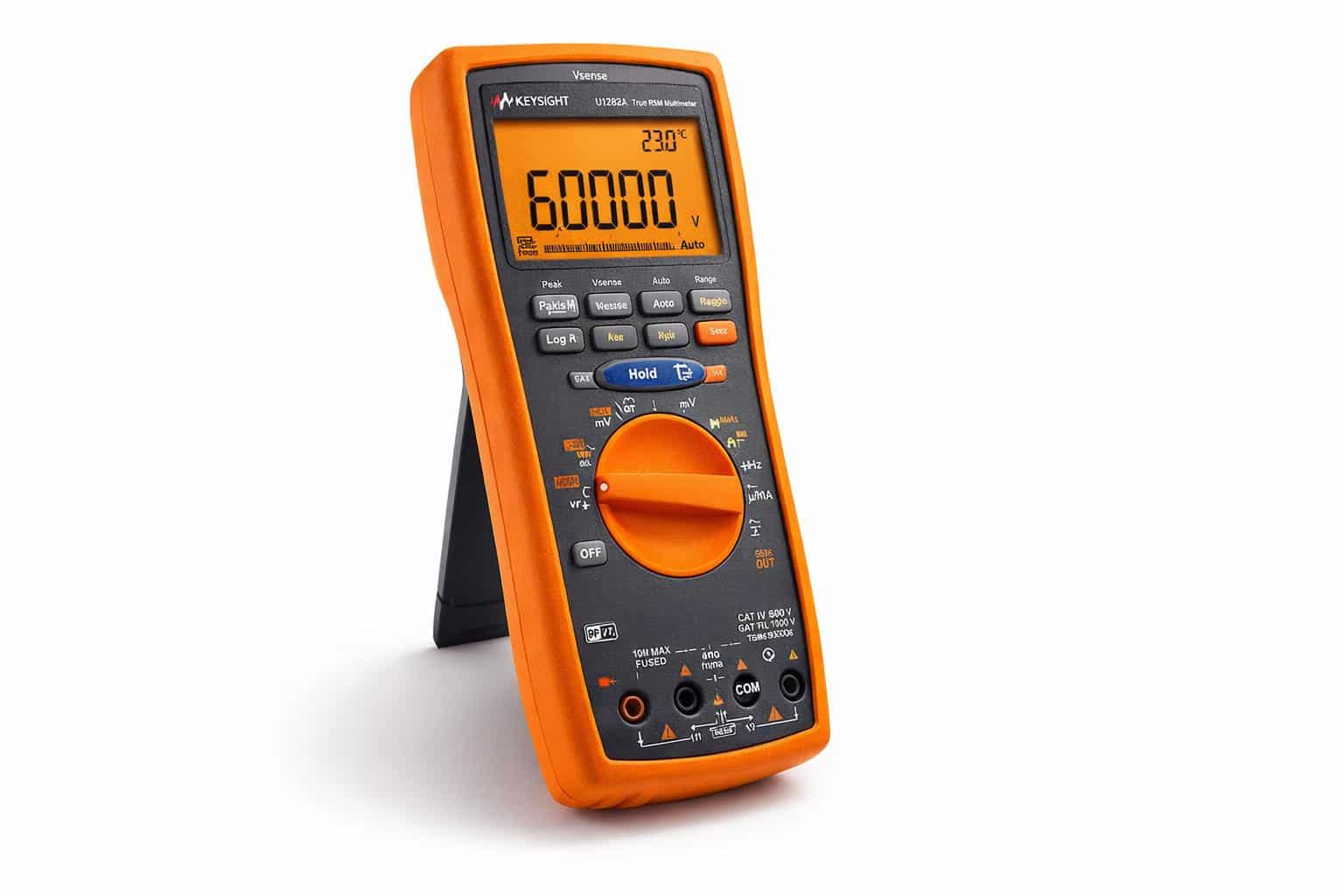 Đồng hồ vạn năng cầm tay Keysight U1282A True RMS với vỏ bảo vệ cam góc nghiêng ảnh studio nền trắng