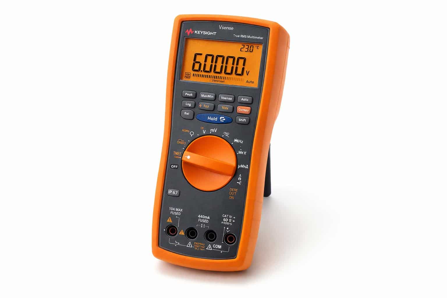 Màn hình và núm xoay chức năng của đồng hồ vạn năng Keysight U1282A nhìn từ trên cao ảnh studio nền trắng