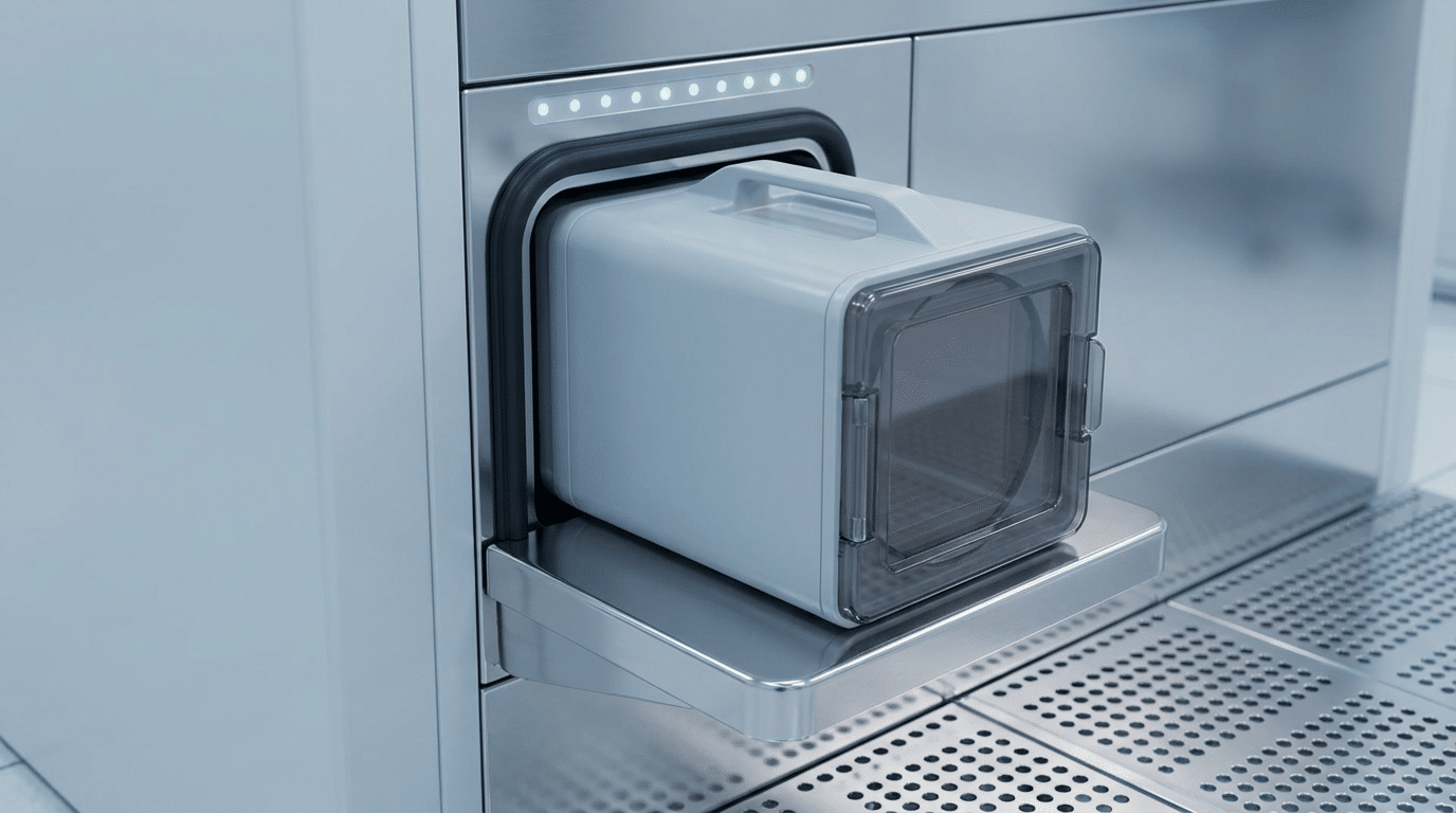 Cận cảnh cổng nạp của một thiết bị công nghệ bán dẫn: hộp đựng wafer màu xám nhạt có quai xách liền khối và cửa trước mờ khói đang đặt trên bệ thép không gỉ, viền gioăng đen quanh khoang nạp, dãy đèn báo trạng thái phía trên và sàn phòng sạch đục lỗ phía dưới