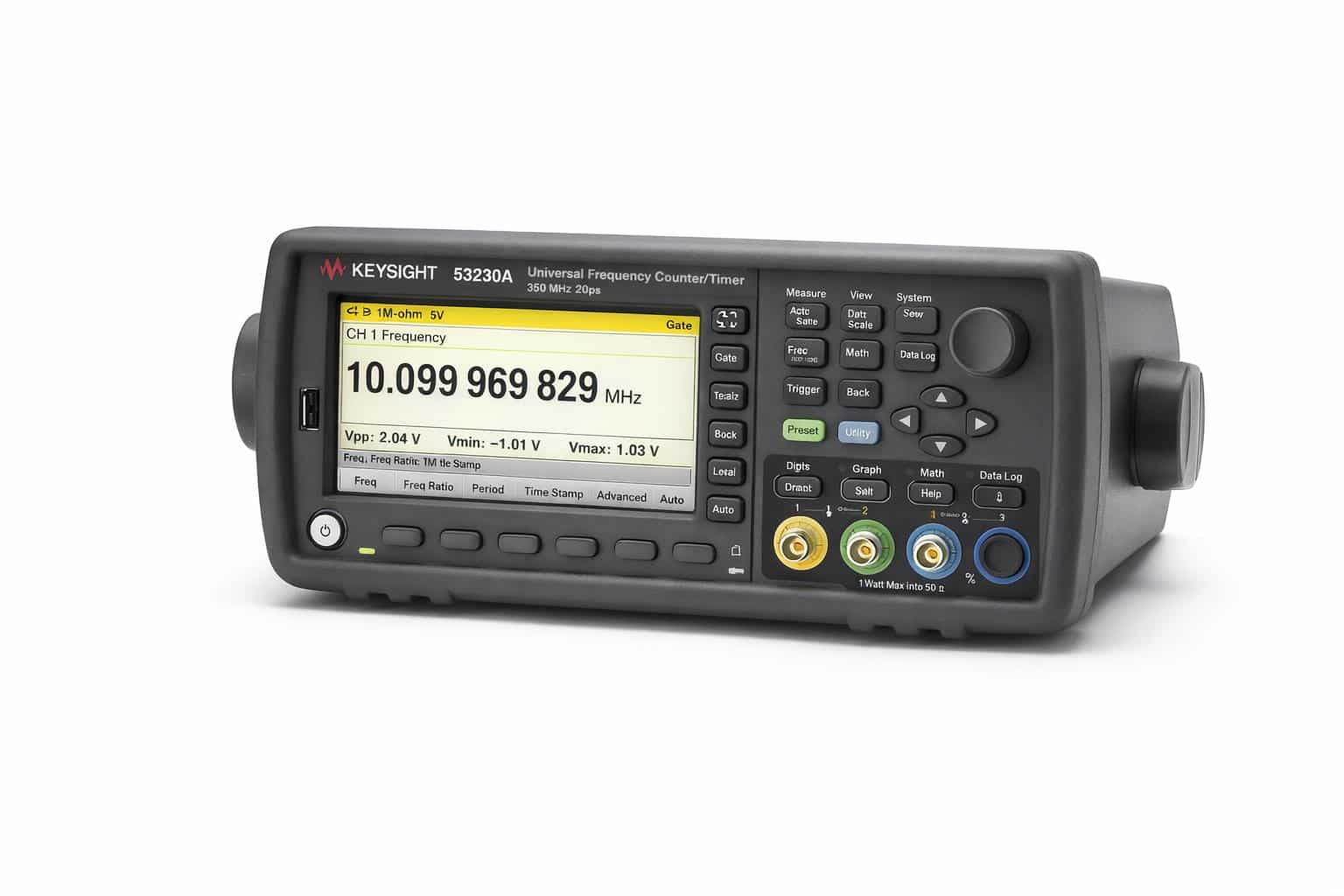 Màn hình máy đếm tần số Keysight 53230A hiển thị số đọc tần số 12 chữ số nhìn từ trên cao ảnh studio nền trắng