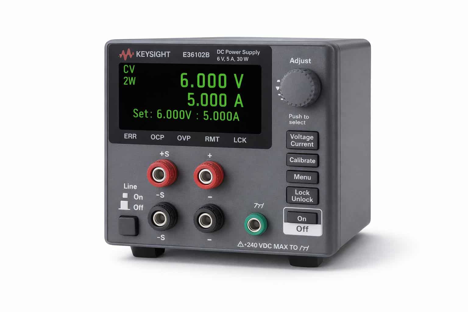 Bộ nguồn DC Keysight E36102B 6V 5A 30W góc nghiêng với bốn cọc đấu nối và cọc tiếp đất ảnh studio nền trắng